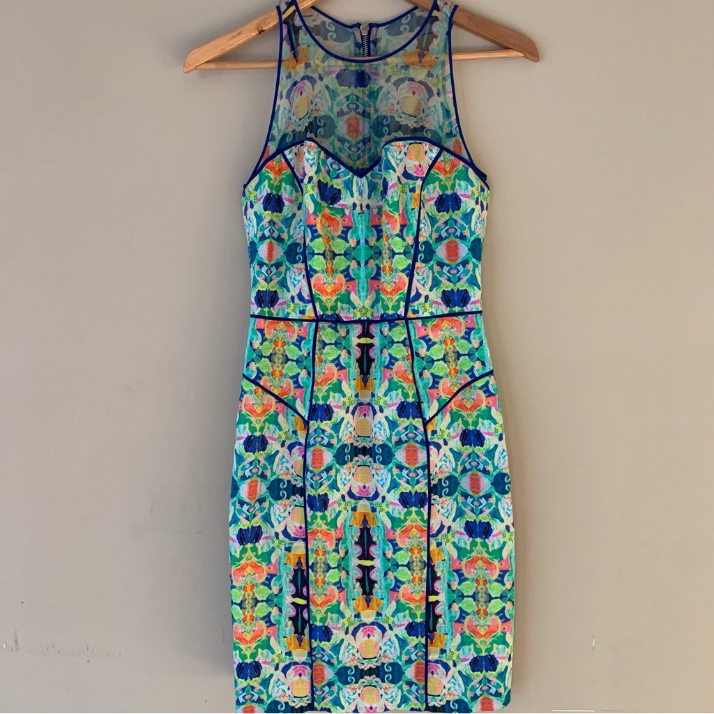 An Original Milly Of New York Dress Sleeveless Shift Multicolor Print Mesh Sz 4